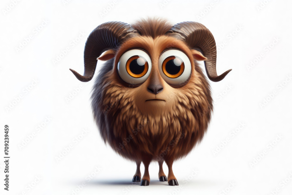 full body Funny Portrait of surprised Mouflon with bulging big eyes on solid white background. ai generative