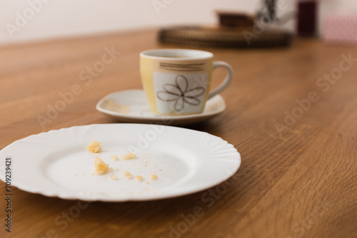 Empty plate and coffee cup after breakfast