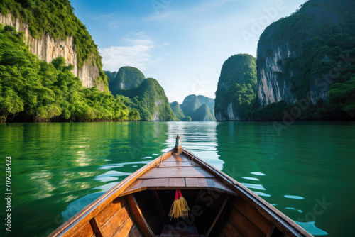 Traditional wooden boat on a serene river with towering limestone cliffs and lush greenery in a tranquil landscape. photo