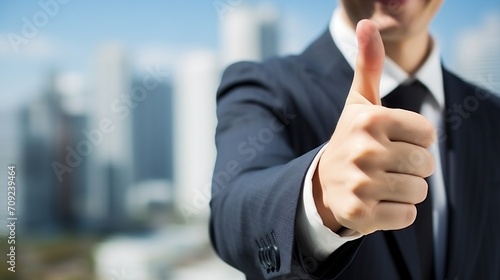 Businessman showing thumbs up on the city background, focus on hand
