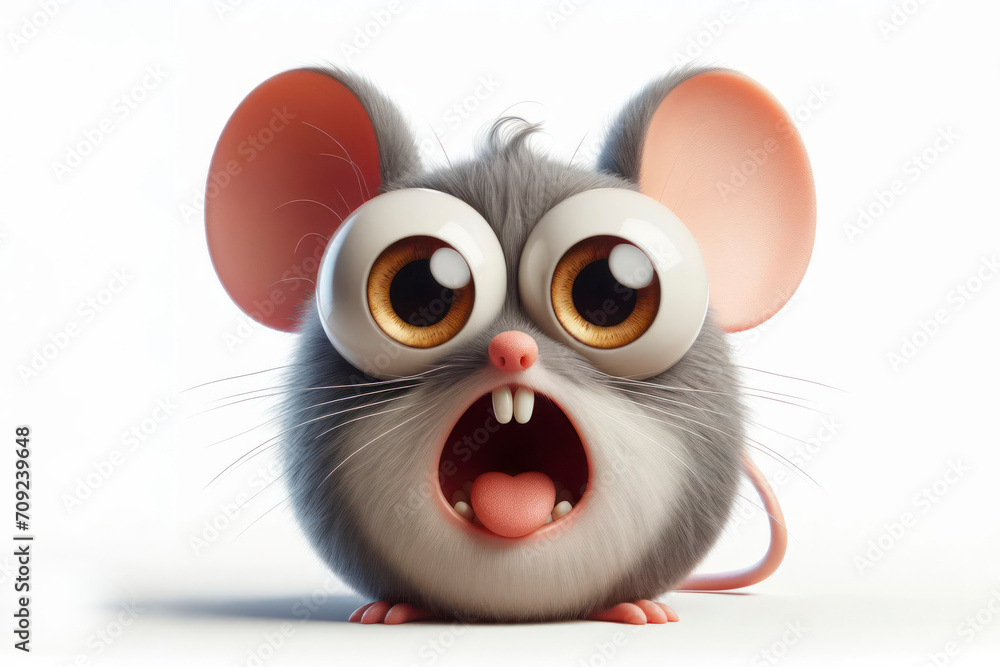 full body Funny Portrait of surprised mouse with bulging big eyes on solid white background. ai generative