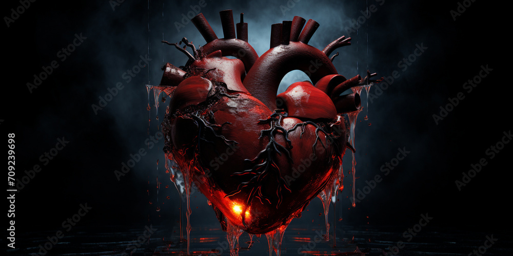 A drawing of a human heart on the dark background, Heart attack and cardiac problems passion and romance with human heart, 
Human heart illustration design in 3d digital art design, generative AI
 - obrazy, fototapety, plakaty 