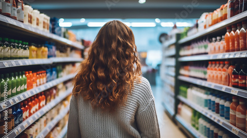 A woman comparing products in a grocery store, supermarket photo