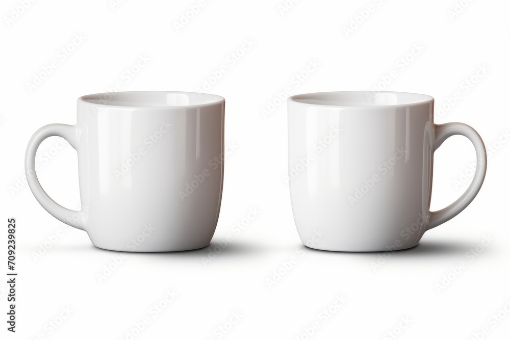 A side view of two empty white coffee cups, mugs, for hot drink isolated against white background A side view of two empty white coffee cups, mugs, for hot drink isolated against white background