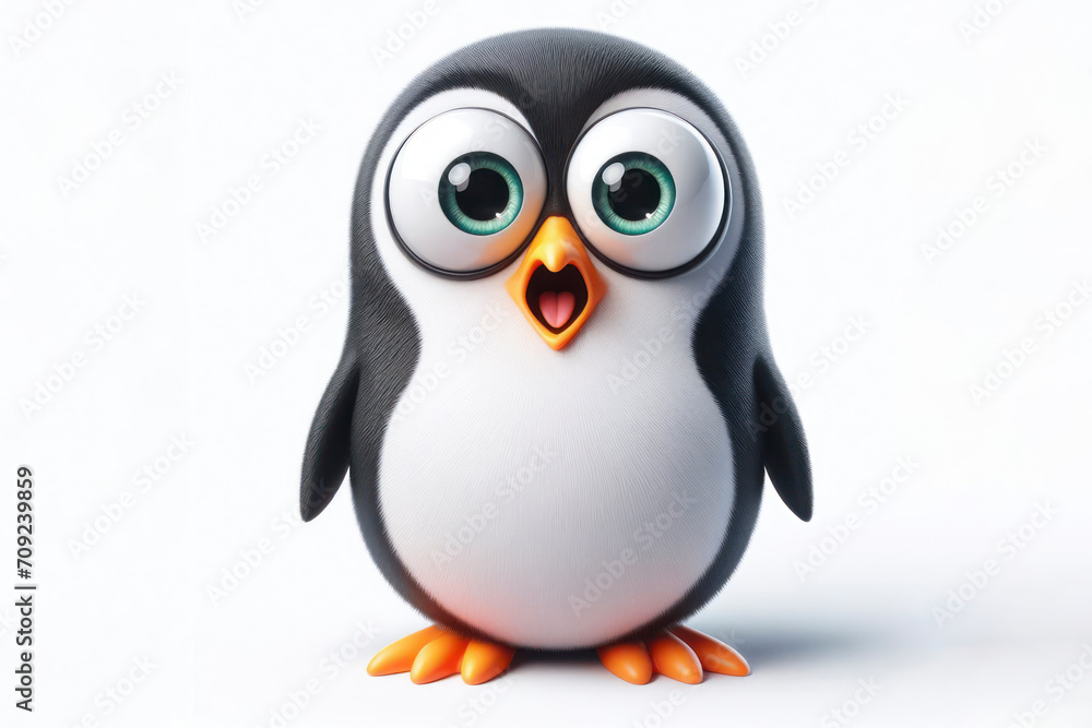 Obraz premium full body Funny Portrait of surprised penguin with bulging big eyes on solid white background. ai generative