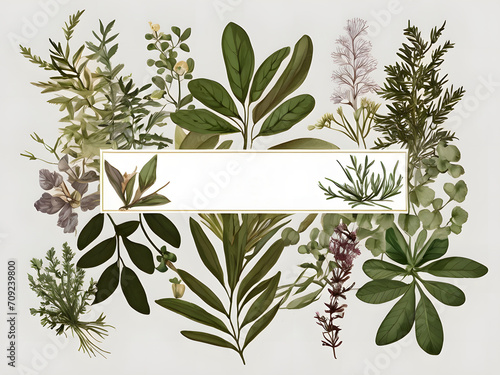 Chic Botanical Elegance Horizontal Herbal Banners for Wedding Invitations, Business Products, and Web Designs – A White Canvas Adorned with Leaves and Herbs