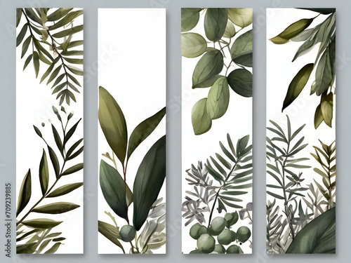 Chic Botanical Elegance Horizontal Herbal Banners for Wedding Invitations, Business Products, and Web Designs – A White Canvas Adorned with Leaves and Herbs