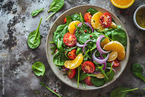 Close up of fresh salad with red onion, cherry tomatoes, spinach, orange, tangerine and clementine, dressing or olives oil on dark gray concrete background with copy space.