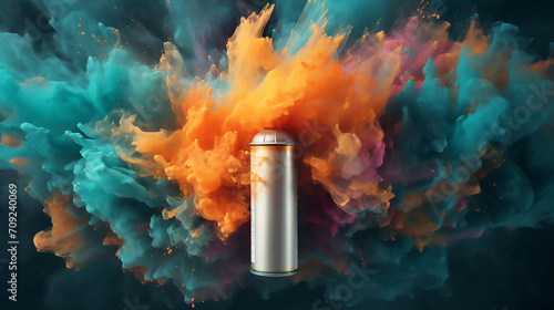Leinwand Poster Aerosol can with cloud of coloured powders stock photo, commercial background, t