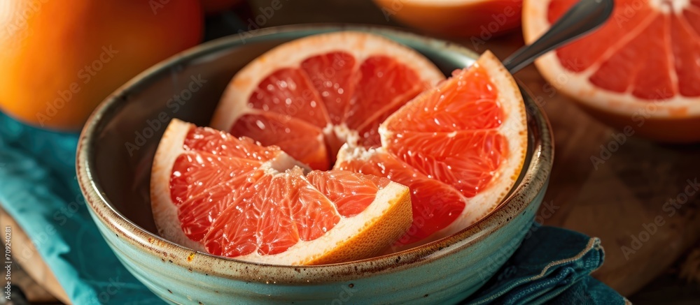 Close-up of a sliced grapefruit in a bowl with a spoon in it.