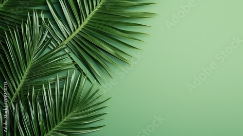 Minimal background with a tropical palm leaves on a green background