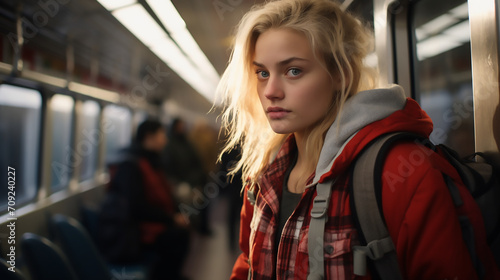 Girl with blonde hair wearing a backpack in a train