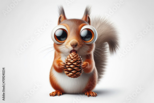 Funny Portrait of surprised squirrel eating a pine cone with bulging big eyes on solid white background. ai generative