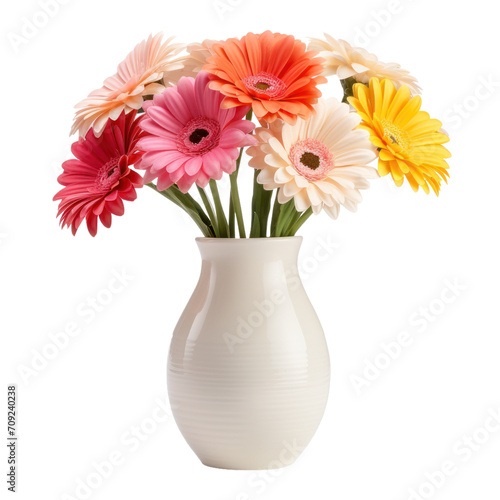 Beautiful gerbera flowers bouquet in a vase solated on white or transparent background, png clipart, design element. Easy to place on any other background.
