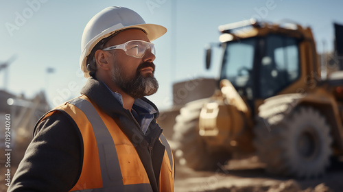 Male Civil Engineer Wearing Protective Goggles And Using Tablet On Construction Site On Sunny Day. Man Inspecting Building Progress. Excavator Loading Materials Into Big Industrial Truck