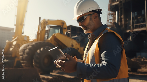 Male Civil Engineer Wearing Protective Goggles And Using Tablet On Construction Site On Sunny Day. Man Inspecting Building Progress. Excavator Loading Materials Into Big Industrial Truck photo