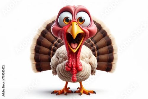 full body Funny Portrait of surprised turkey with bulging big eyes on solid white background. ai generative