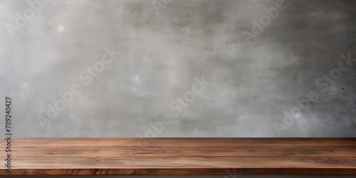 Wood-textured table top on a background of a gray concrete wall.