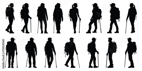 Silhouettes of climbers. Hiker Silhouettes are isolated on a white background. Hiker silhouette set. People with backpacks.