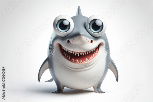 full body Funny Portrait of surprised white shark with bulging big eyes on solid white background. ai generative