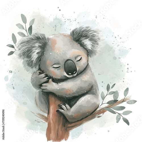 Koala portrayed in style watercolor, adorable and sleepy