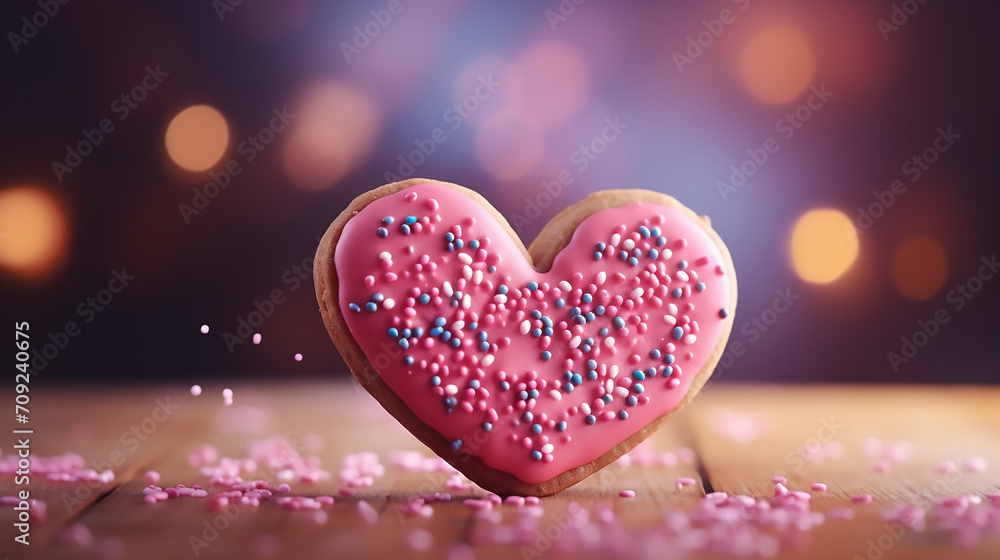 Fototapeta premium Heart Shaped Cookies with Sprinkles, Happy Valentines day, sweets, love concept