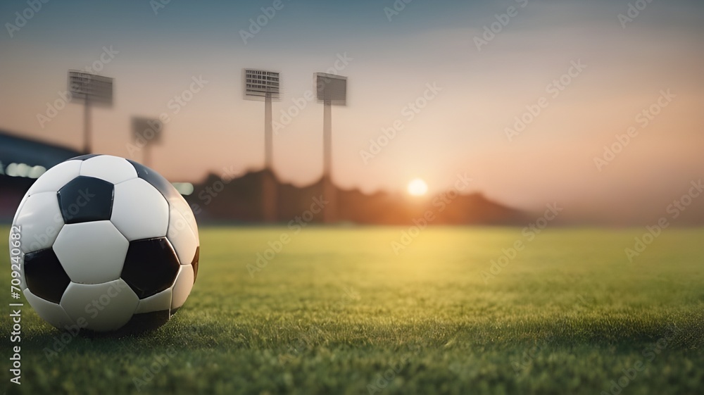 A football and a soccer shoe on the grass stadium in sunset background with copy space for text. World Football Day December 10. Sport finale or school, sports EK, WK game for 2024, 2025, 2026, 2027  - obrazy, fototapety, plakaty 