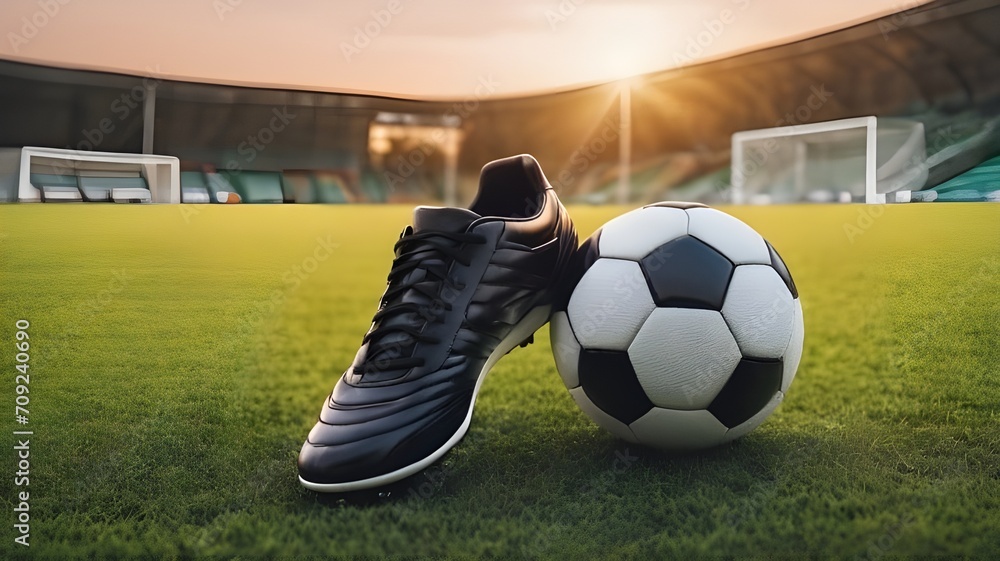 Fototapeta premium A football and a soccer shoe on the grass stadium in sunset background with copy space for text. World Football Day December 10. Sport finale or school, sports EK, WK game for 2024, 2025, 2026, 2027