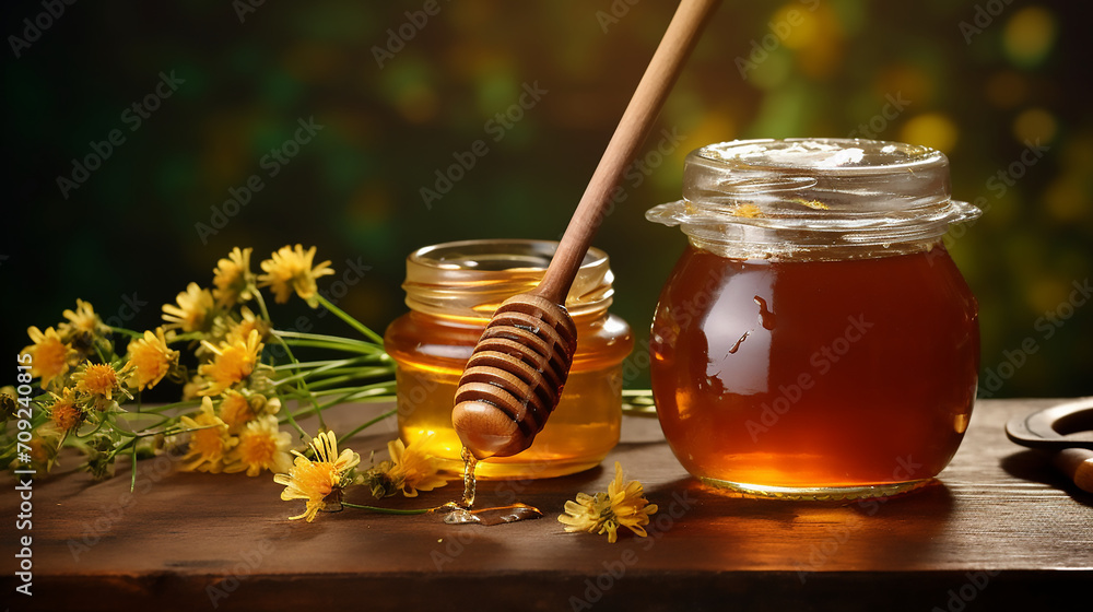 Honey in a glass jar with a wooden spoon dipper. With flowers and flying bee. Healthy sweet food, Mock up, Template Honey in a glass jar with a wooden spoon dipper. With flowers and flying bee. Healthy sweet food, Mock up, Template
