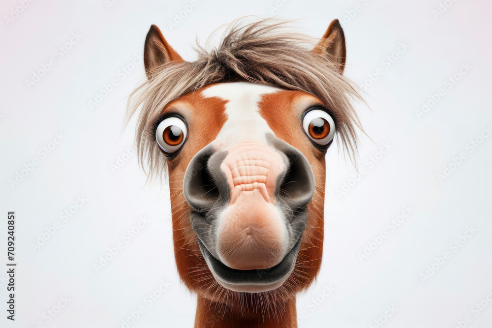 Funny Portrait of surprised horse with bulging big eyes on solid white background. ai generative