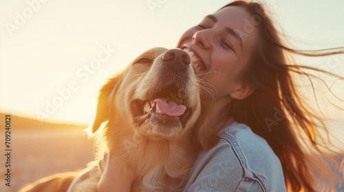 Woman in sheer delight hugging her golden retriever dog during a beautiful sunset