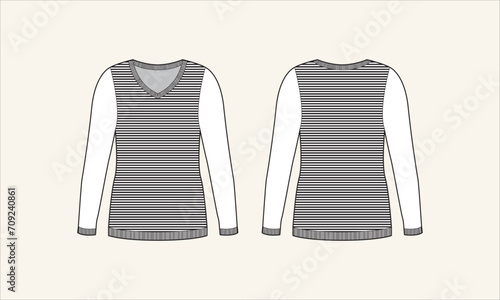 Two Color Stripe V-Neck Women Sweater Sketch for Tach Pack