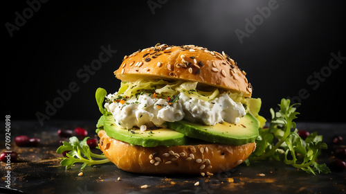 Bagel sandwich with fresh ripe avocado and tasty cream cheese