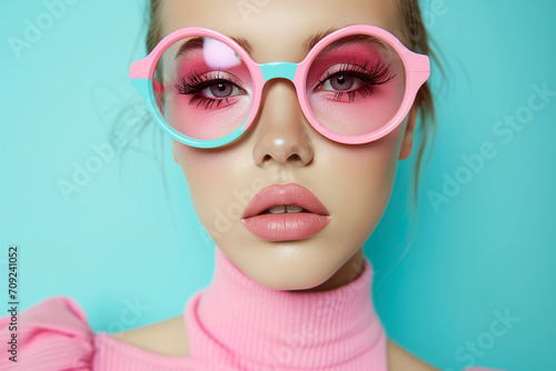 Beauty with eyeglasses. fashionable red woman with big glasses. A close up of a woman wearing big pink sunglasses. Glamour portrait of beautiful young woman model in big fashion.