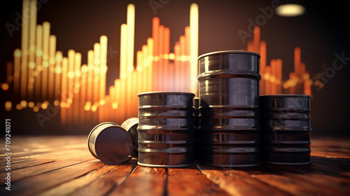 Barrels of oil with charts and graphs of stock market as a concept of raw material. Financial world crisis concept. Up of oil price, market grow up