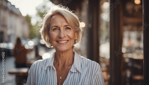Fototapeta Naklejka Na Ścianę i Meble -  Happy smiling confident european middle aged older adult woman small local business owner standing