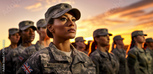 Fototapeta Group of women in military uniforms standing at army ceremony or presentation, sunset sky background