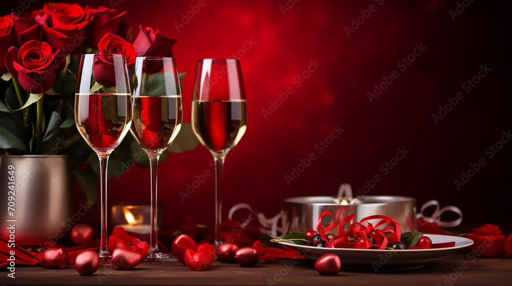 Happy Valentines Day, Romantic background with champagne and rose bouquet, commercial, anniversary, engagement, couple, happiness Happy Valentines Day, Romantic background with champagne and rose bouquet, commercial, anniversary, engagement, couple, happiness