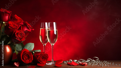 Happy Valentines Day, Romantic background with champagne and rose bouquet, commercial, anniversary, engagement, couple, happiness
