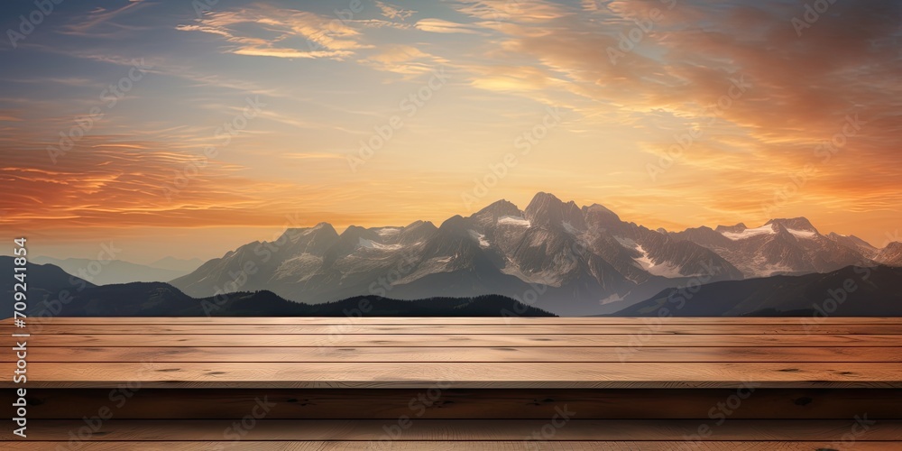 Montage photo featuring a stunning sunset-lit mountain range on a wooden table for product display.