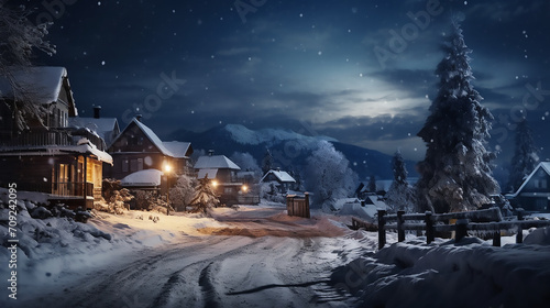 Winter night townscape with houses and snow