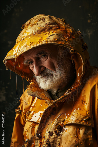 Portrait of an Old Man in yellow suite  covered with honey photo