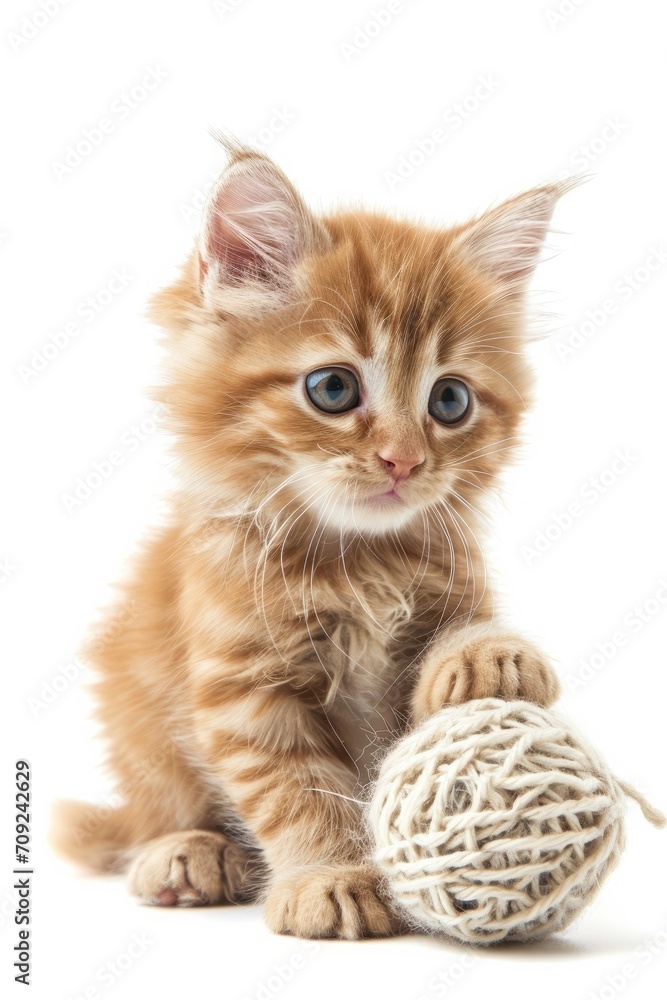 Obraz premium Playful cute ginger fluffy kitten with the knitted ball is isolated on white background