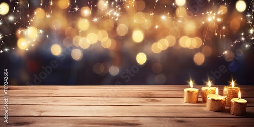 Nighttime celebration concept with festive lighting, blurred backdrop and candlelit wooden table.