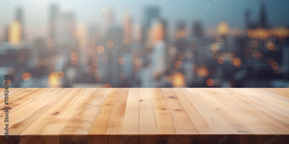 Blurred kitchen interior with empty wood table top, suitable for ads or presentations.