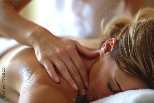 a woman getting a back massage at spa photo