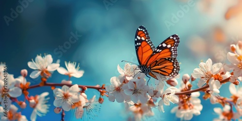 Monarch Butterfly Perched on White Blossoms Against a Soft Blue Sky