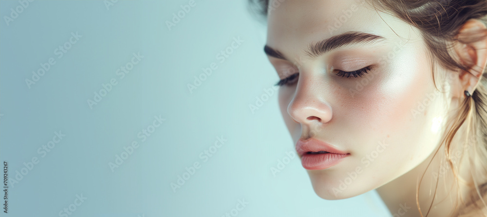 Fototapeta premium Portrait beautiful young woman with clean fresh skin. Model with healthy skin, close up portrait. Cosmetology, beauty and spa. Portrait of beauty caucasian woman with perfect healthy glow skin facial,