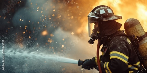 Brave Firefighter in Action Against Blazing Inferno © romanets_v