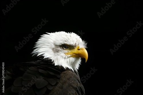 Portrait of an American Bald Eagle against a black background.